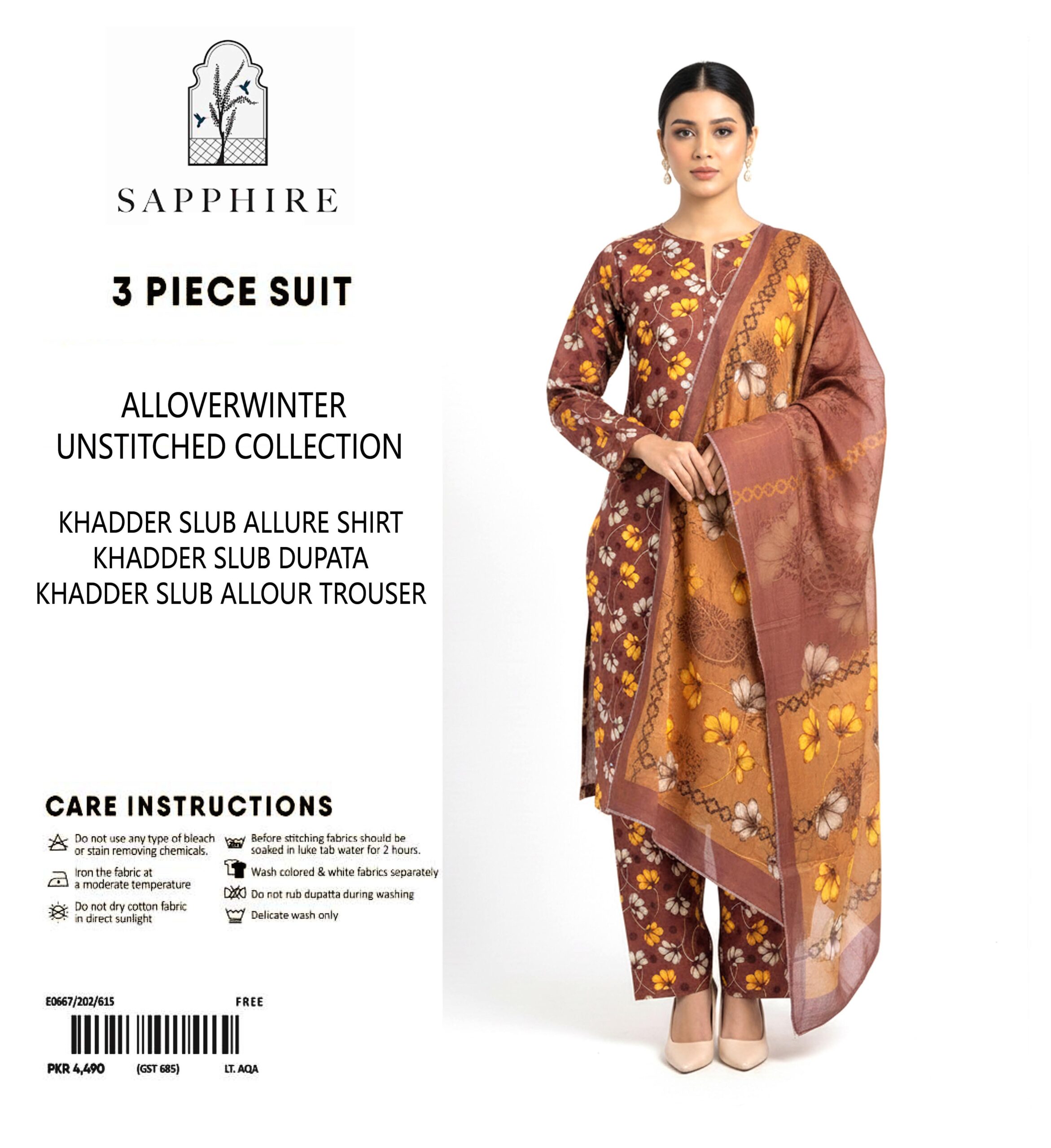 Sapphire Winter Collection – 3 Piece Unstitched Khaddar Suit | Article 10 |
